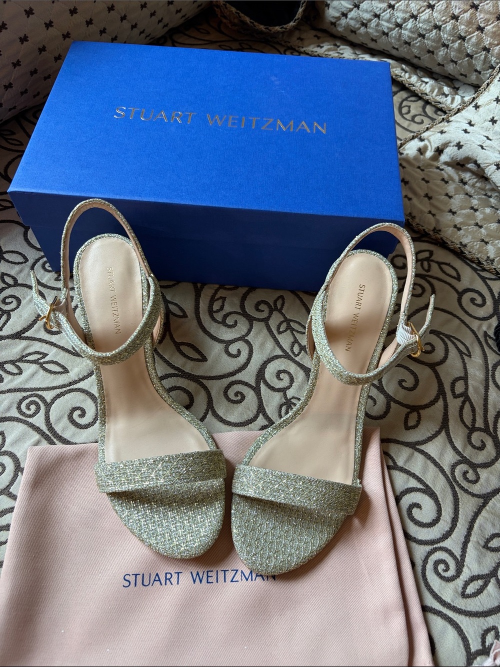 Stuart Weitzman Glitter Gold Ankle-Strap Heels never worn